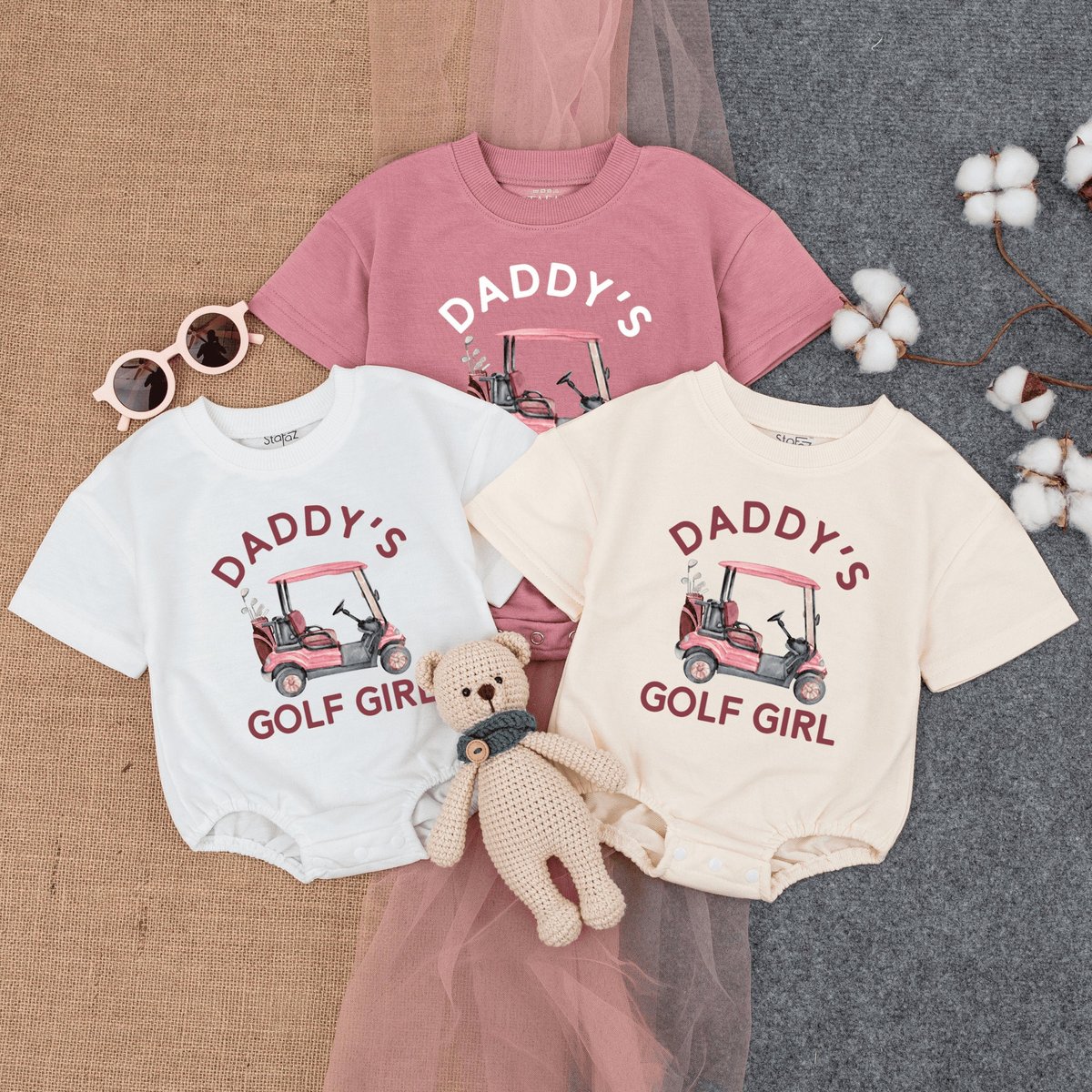 Daddy's Golf Girl Bubble Romper Short Sleeve Father Daughter Pink Golfing Daddy's Girl Tee Fathers 173