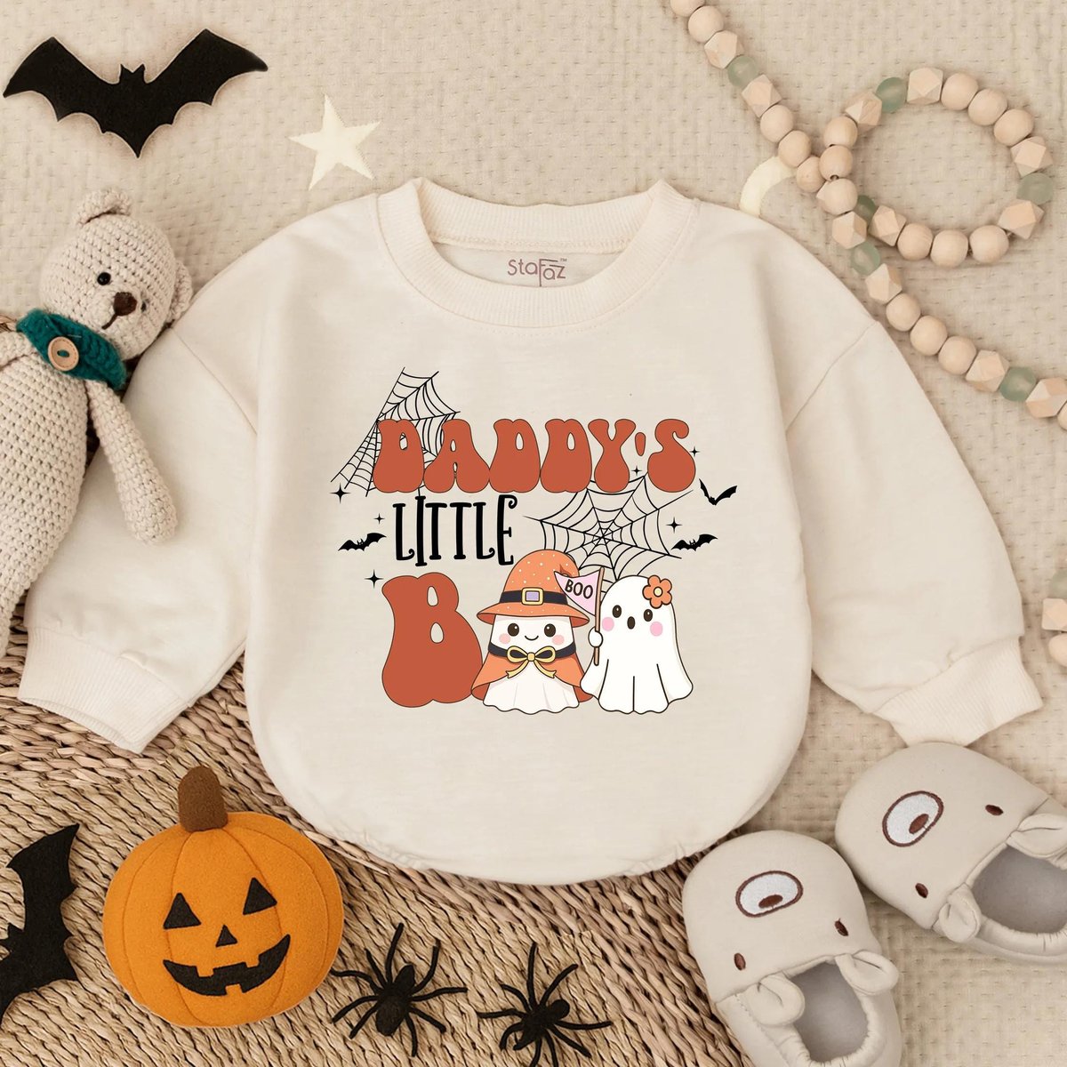 Daddy's Little Boo Bubble Romper Retro Bodysuit Halloween Baby Romper Little Boo Shirt Spooky Bab