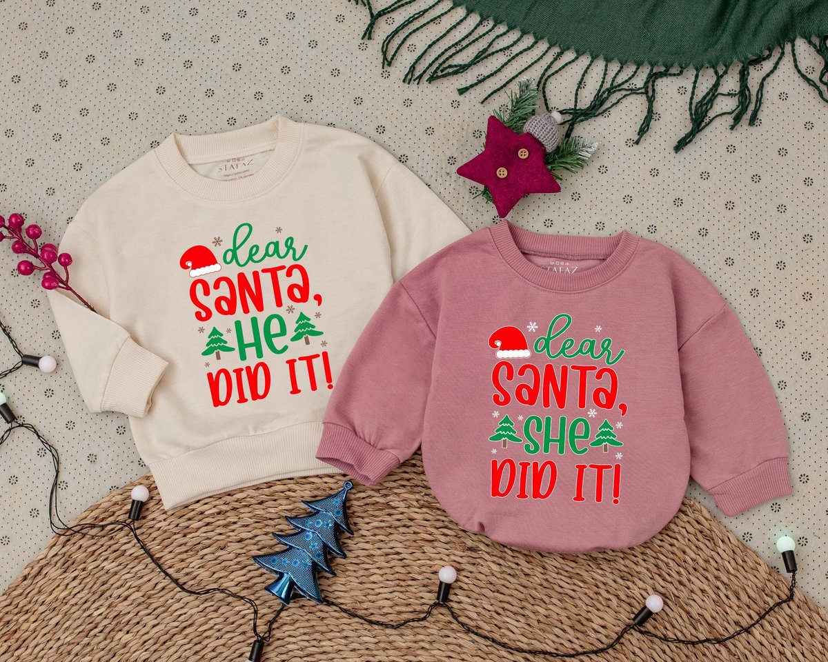 Dear Santa She or He Did It Matching Xmas Bubble Romper Cute Christmas Baby Romper for Kids Funny Ch