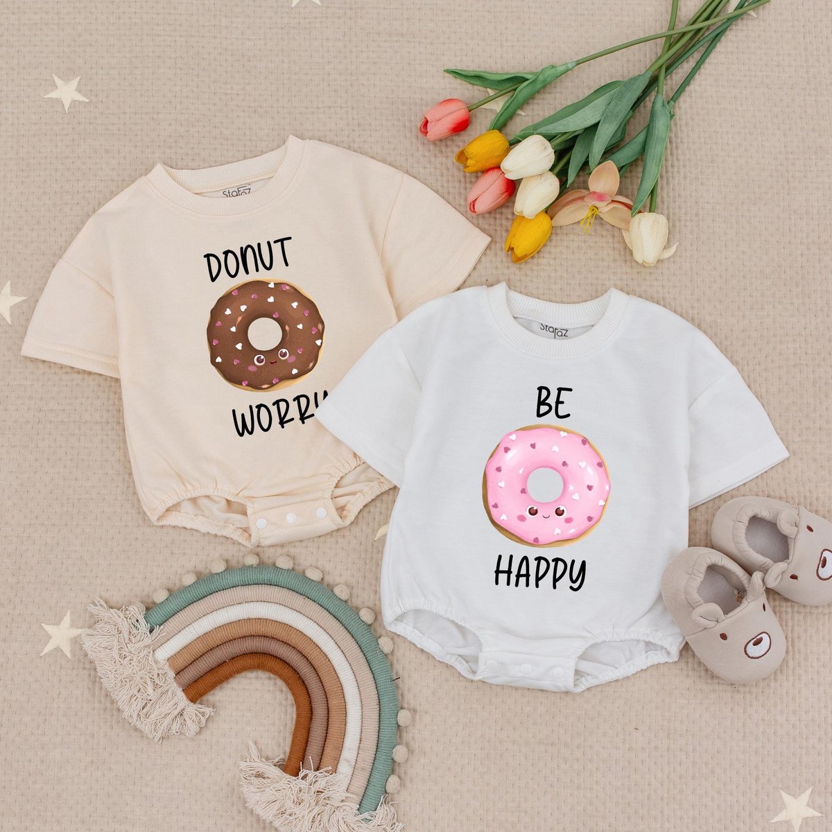 Donut Worry Be Happy Twin Baby Romper Matching Donut Twins Baby Bodysuits Funny Baby Shower Gift Cut