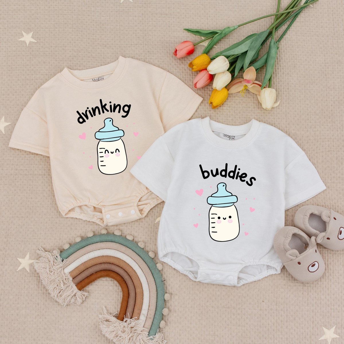 Drinking Buddies Funny Twins Bubble Romper Gender Neutral Twins Babysuit Best Friends Twin Baby Show