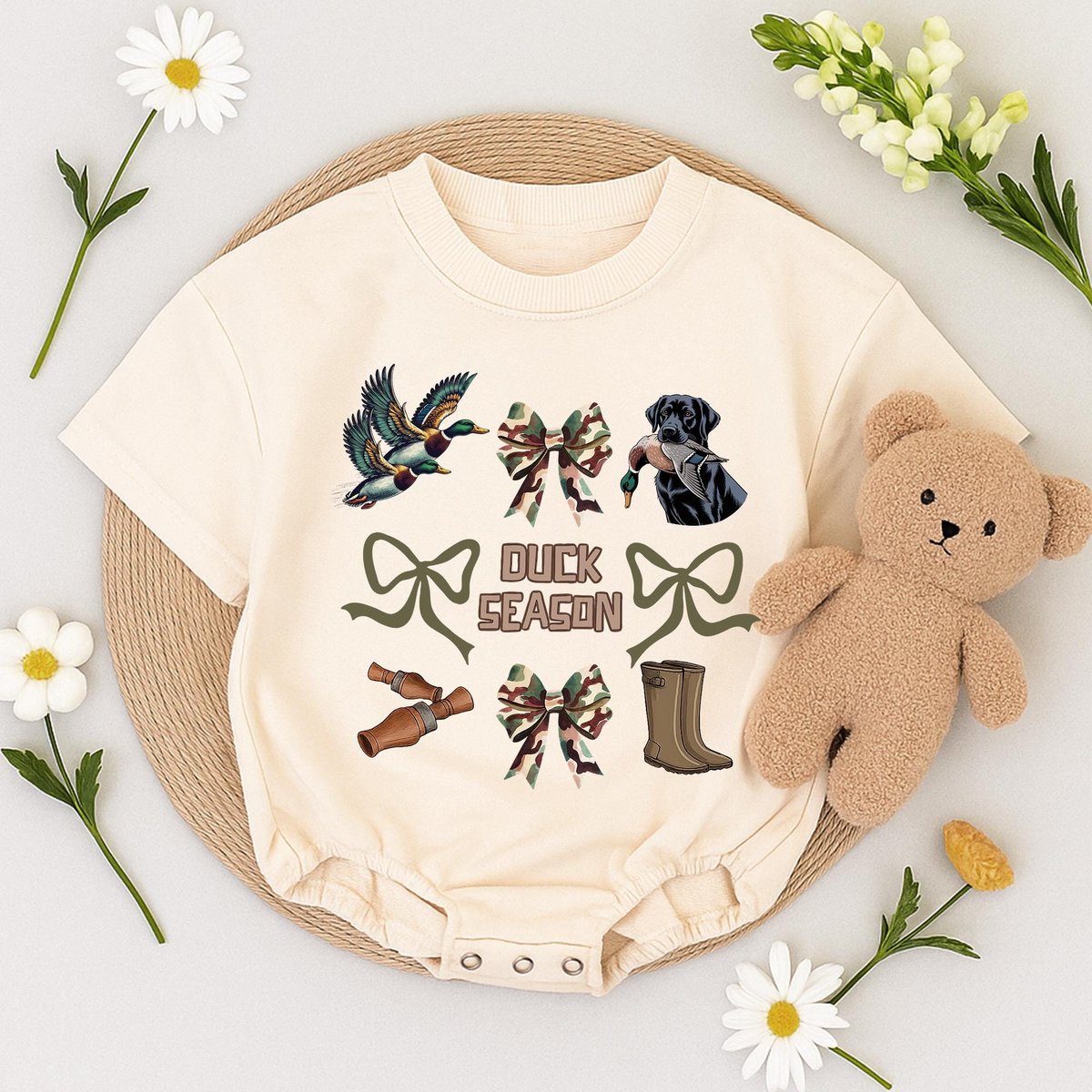 Duck Season Romper Sweatshirt Camo Bow Baby Bodysuit Duck Hunting Newborn Outfit Outdoor Fall Baby O 434