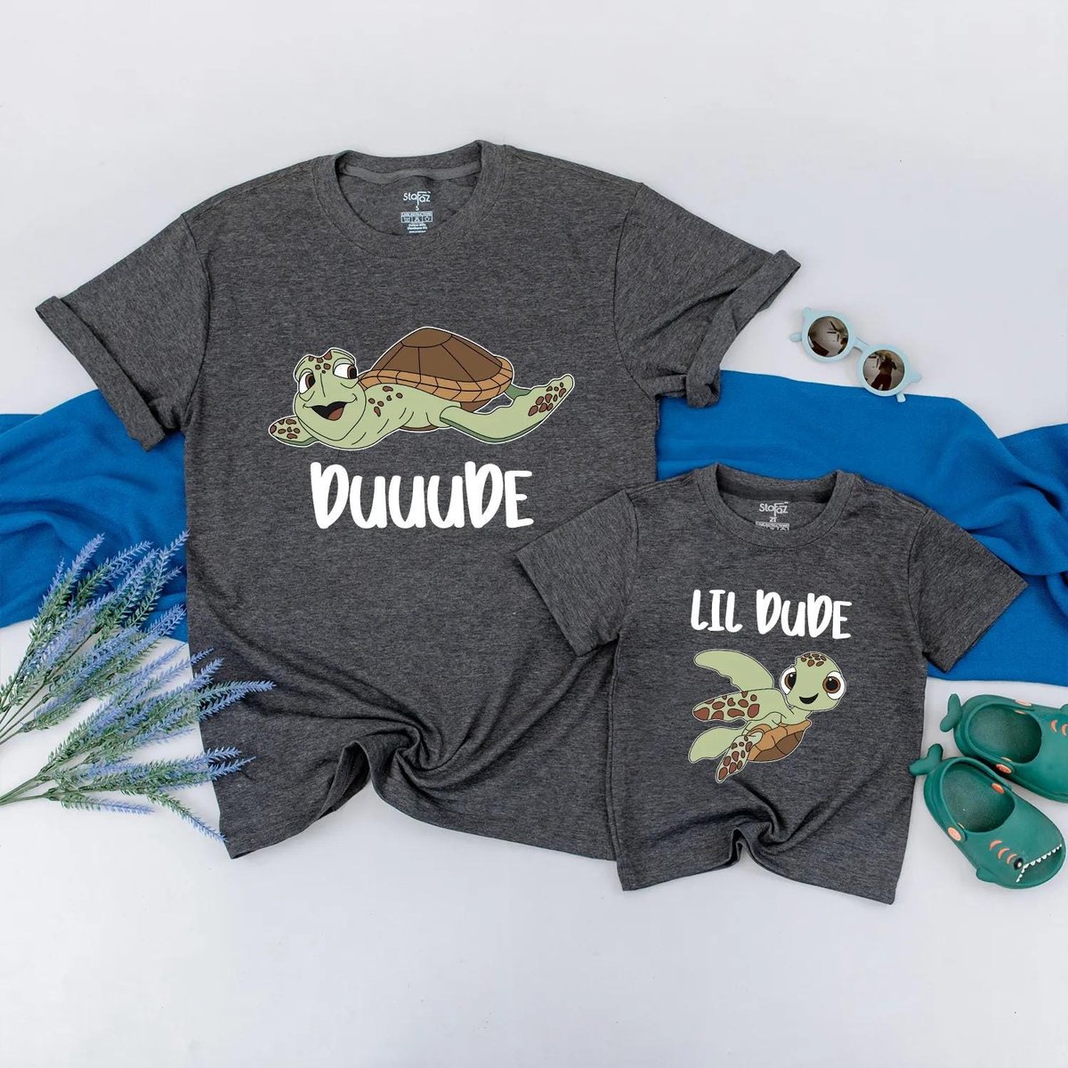 Duuuude and Lil Dude Turtle Shirts Funny Matching Father and Baby Outfit Cute Sea Turtle Dad and Son 429