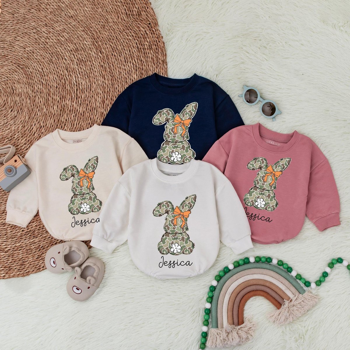 Egg Hunter Bunny Baby Romper Camo Easter Bunny Baby Outfit Girl Bunny With Backwards Hat ShirtGirl E 187