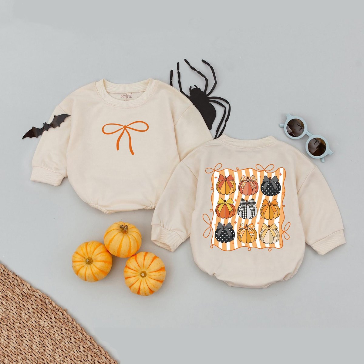 Fall Brown Bow Pumpkin Bubble Romper Cute Bow Autumn Babysuit Retro Fall Pumpkin Bow Baby Bodysuit F