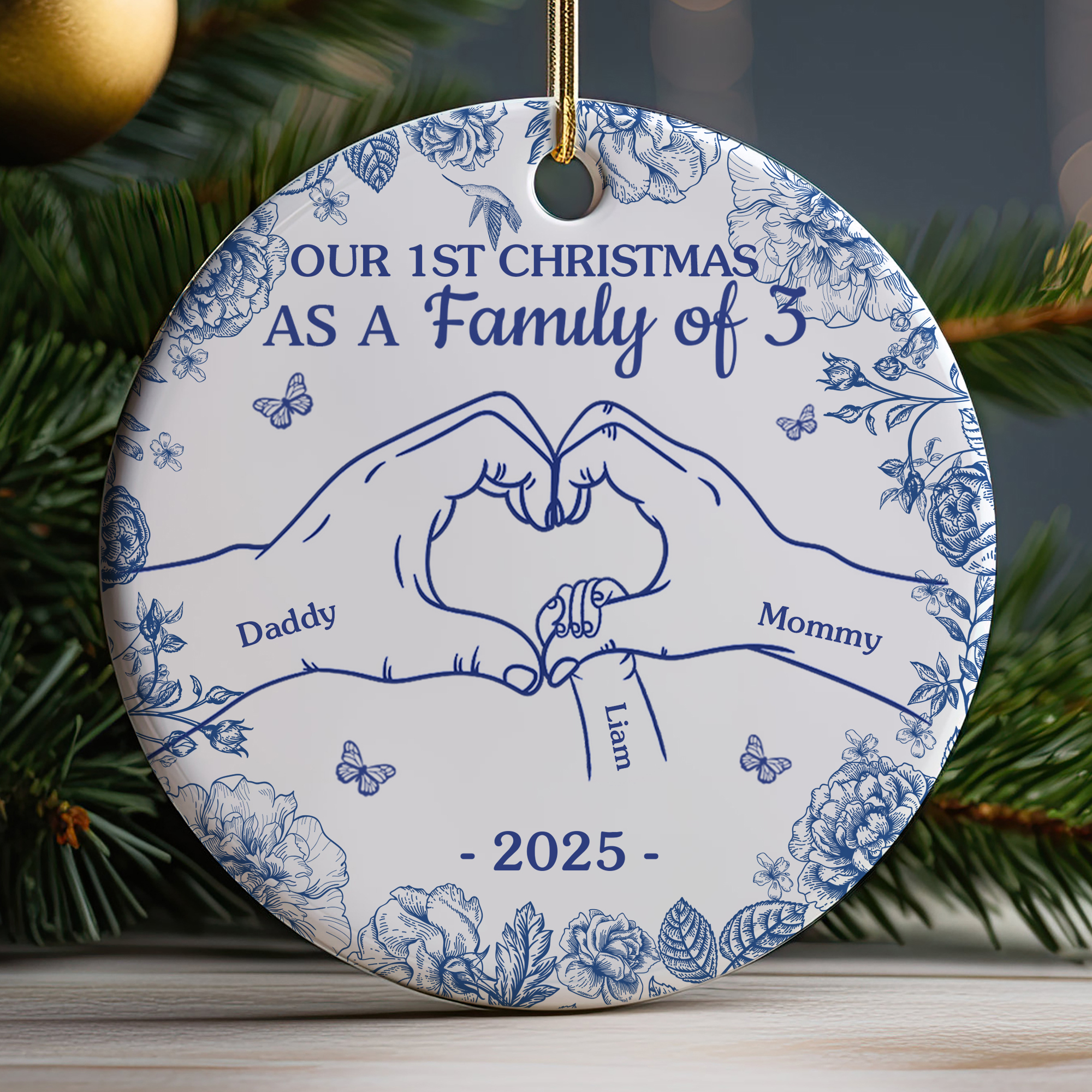 Personalized Family of 3 Ornament  Ceramic First Christmas Keepsake  Holiday Gift for New Parents-COR-JIYZK