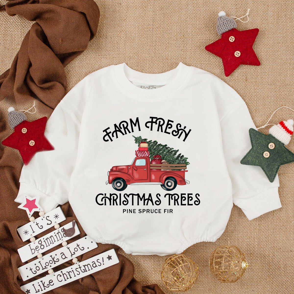 Farm Fresh Outfit Christmas Trees Truck Romper First Christmas Outfit Santa Baby Outfit Christmas Ba