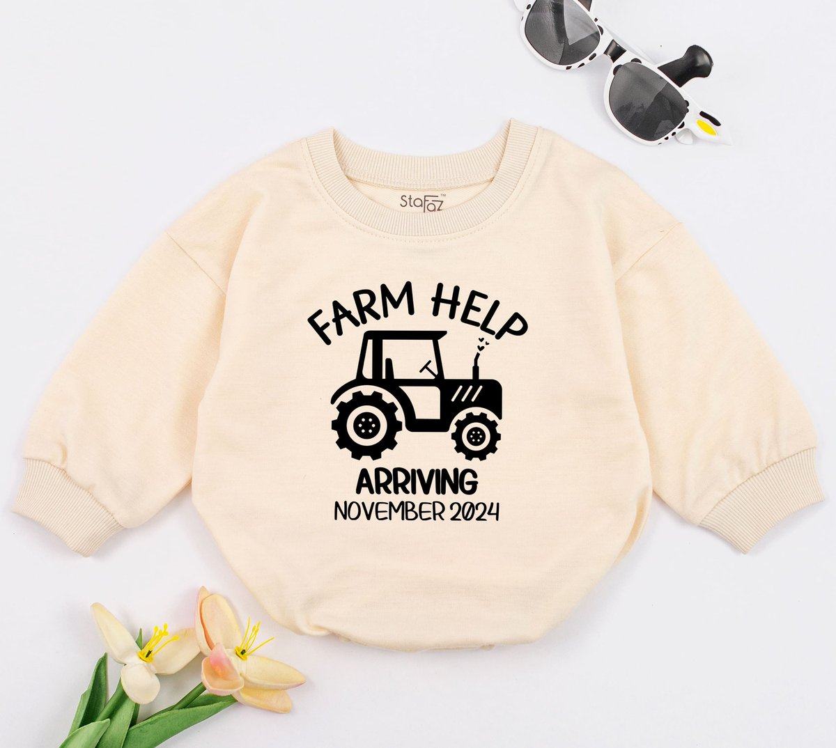 Farm Help Arriving Personalized Baby Romper Minimalist Baby Clothes Pregnancy Announcement Gift Litt 169