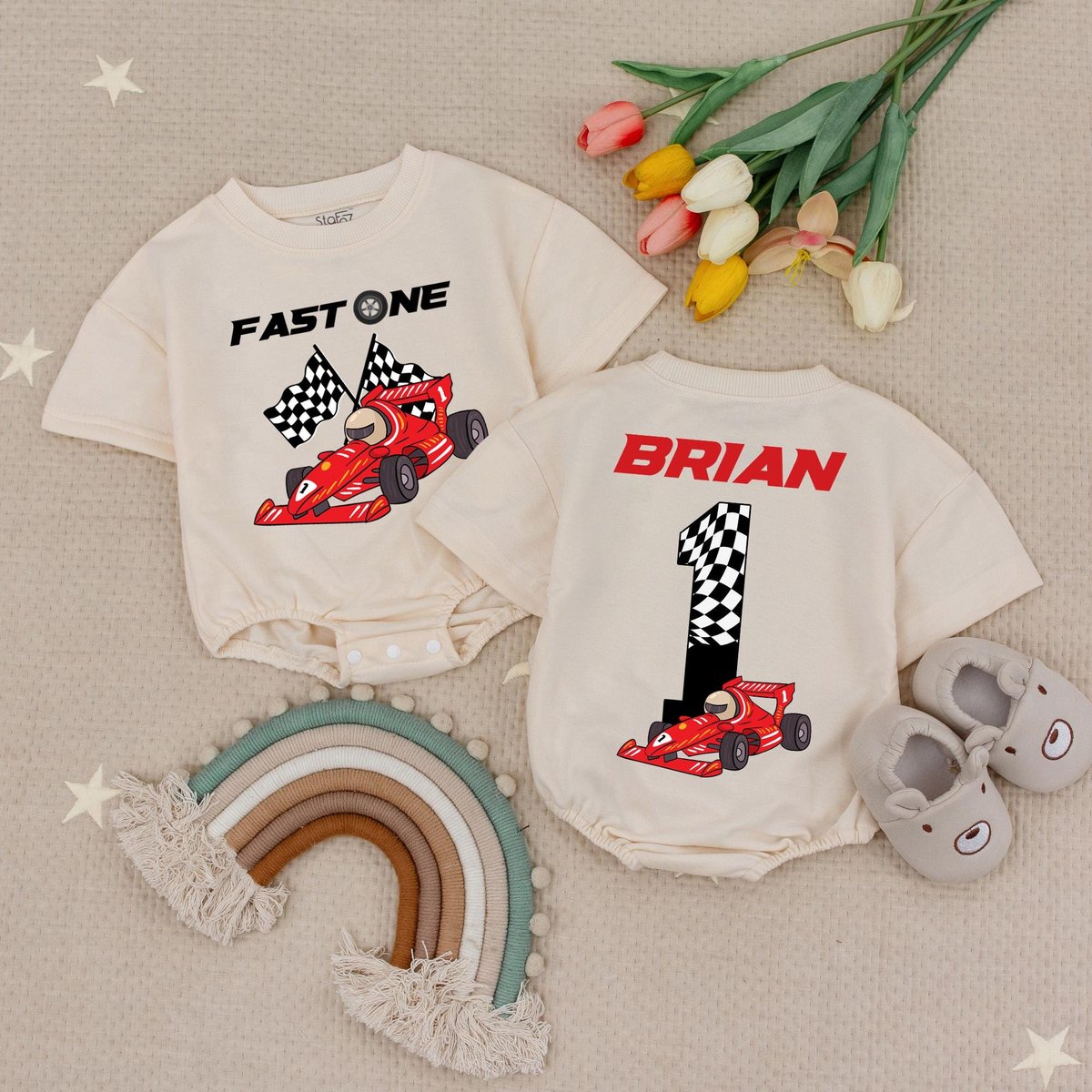 Fast One 1st Birthday Race Car Baby Romper Racecar Birthday Babysuit Race Car Birthday Party