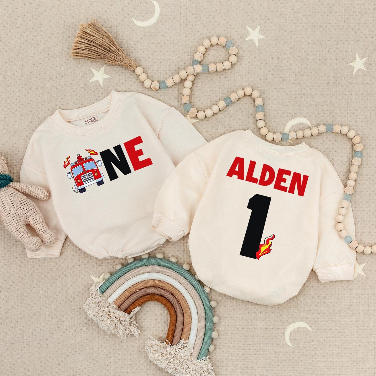 Firetruck Fireman Firefighter One Baby Romper First Boy Birthday Fire Truck Firefighter Baby Bodysui