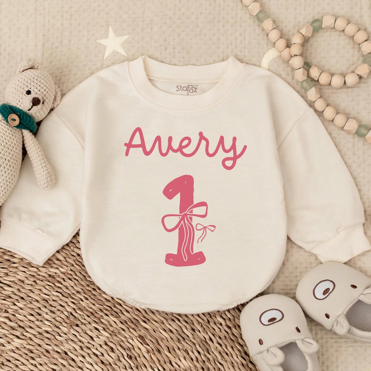 First Birthday Girl with Bow Bubble Romper Personalized 1st Birthday Outfit Baby Girl Clothes Cute T