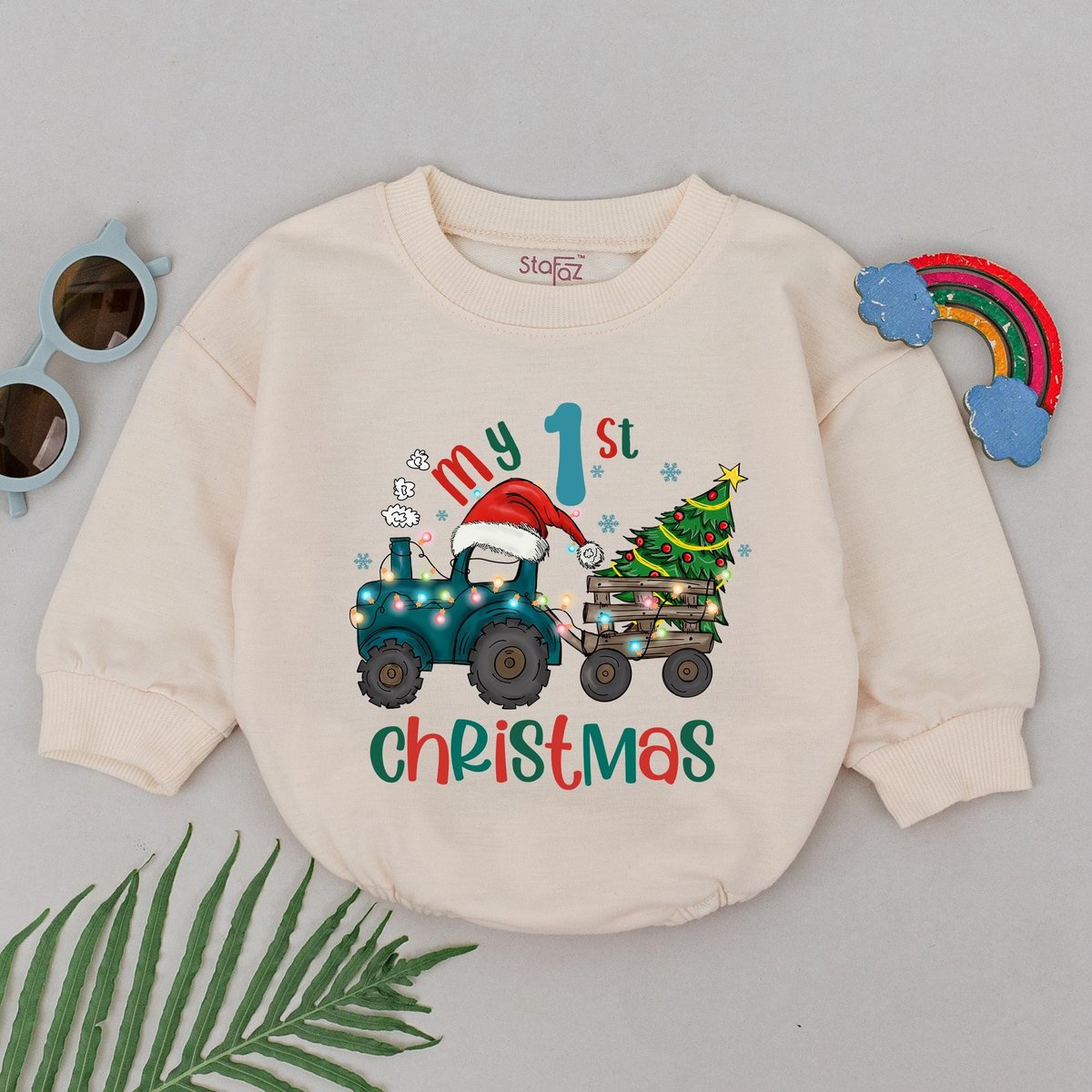 First Christmas Tractor Romper Custom Name Outfits 1st Christmas Romper New Baby Gift Baby Shower Gi