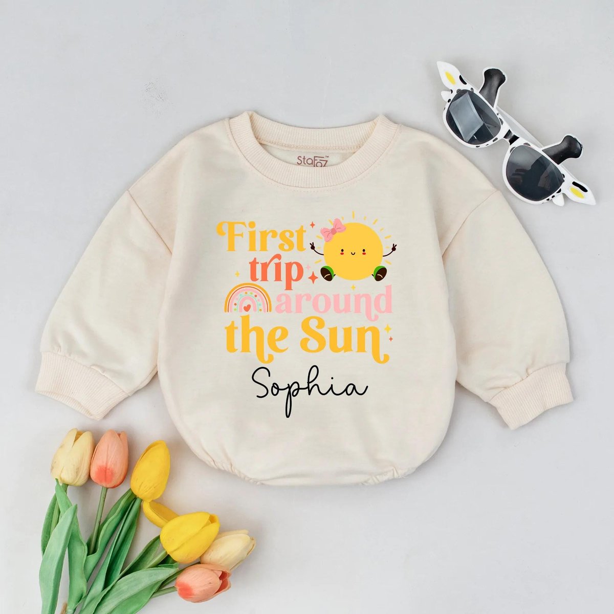 First Trip Around The Sun Bubble Romper Custom Name Baby Girl First Birthday Outfit Pastel Rainbow C 433
