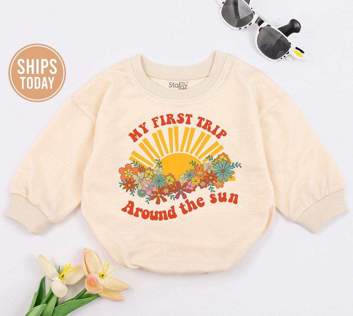 First Trip Around The Sun Romper Retro One Year Old Bodysuit First Birthday Natural Clothes Birthday 148