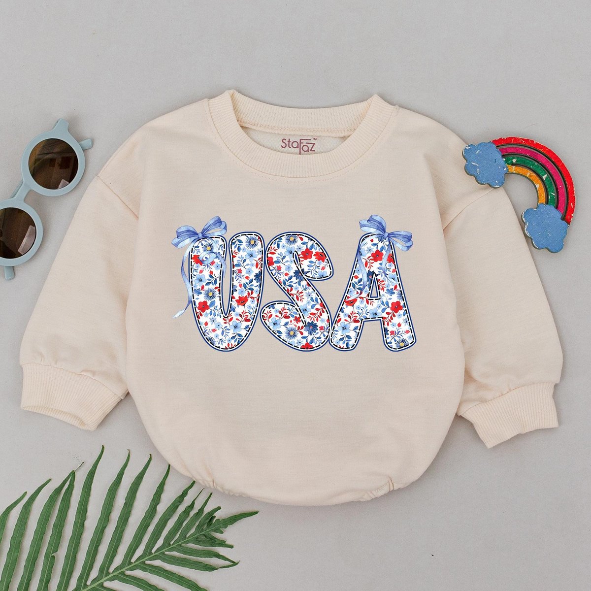 Floral USA Baby Romper 4th of July Baby Outfit Patriotic Infant Girl Bodysuit Red White Blue Baby Cl
