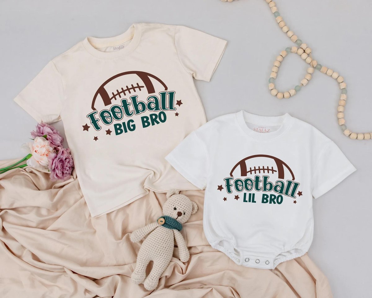 Football Big Bro and Lil Bro Outfit Matching Toddler Shirt and Romper Sibling Football Clothes Fall 188