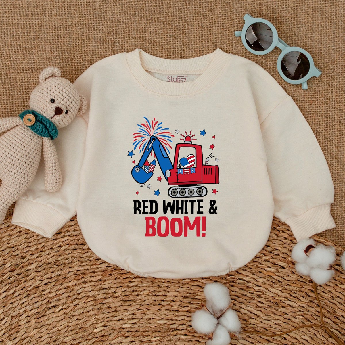Fourth of July Romper America Excavator Baby Bodysuit 4th of July Clothes Patriotic Independence Day 170