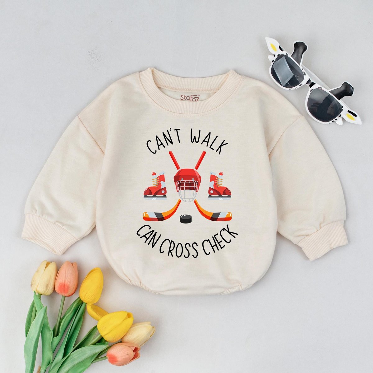 Funny Hockey Baby Shirt Cant Walk Can Cross Check Baby Bodysuit Baby Hockey Gift Sports Baby Clothes 429