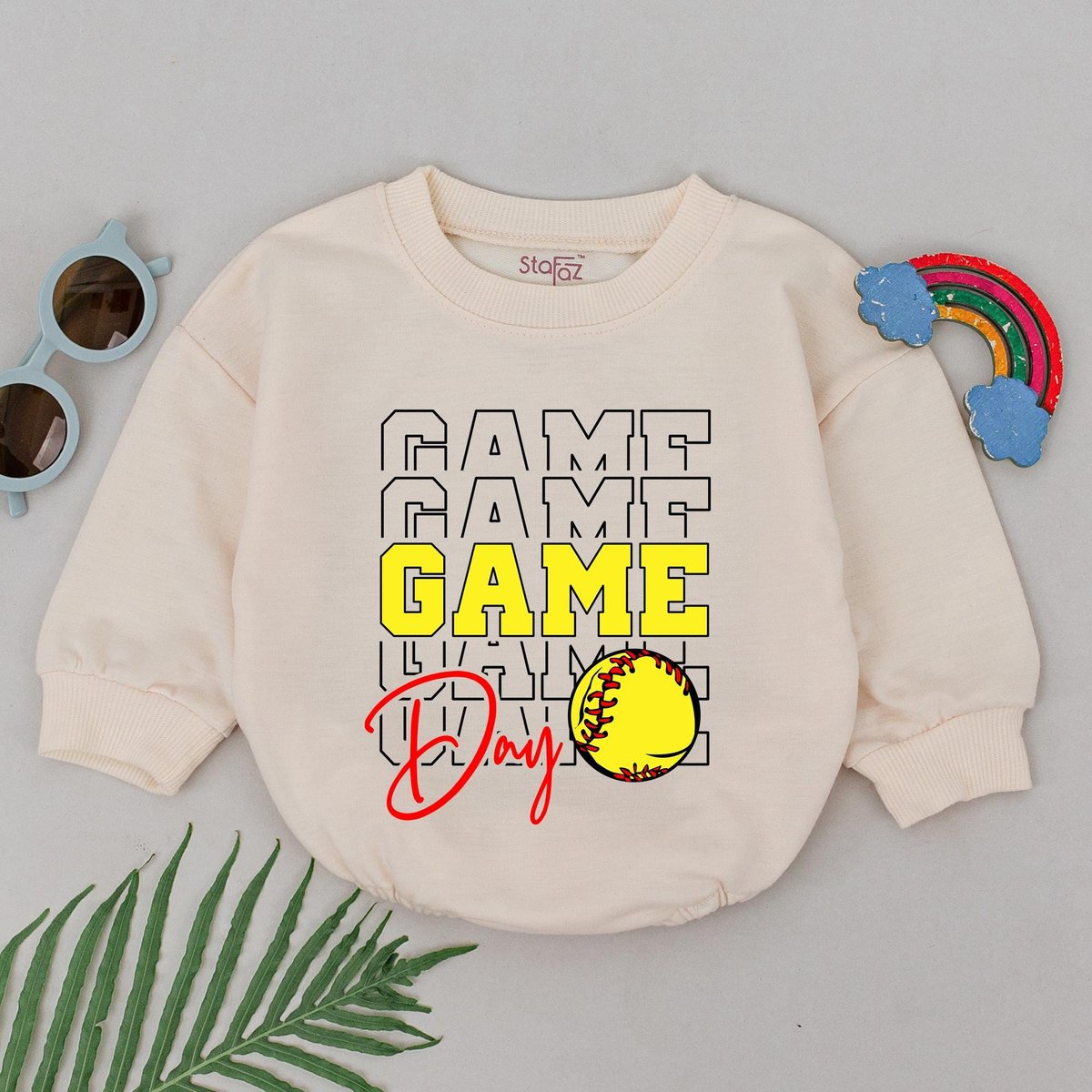 Game Day Softball Romper Retro Softball Bow Outfit Gameday Season Gifts Natural Bubble Baby Romper B