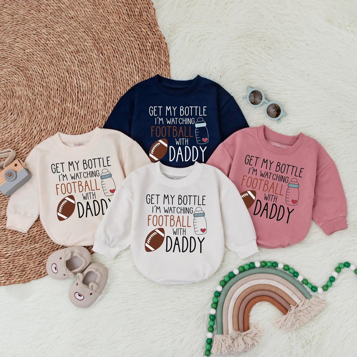 Get My Bottle I'm Watching Football with Daddy First Birthday Baby Bubble Romper Football 1st Birth 183