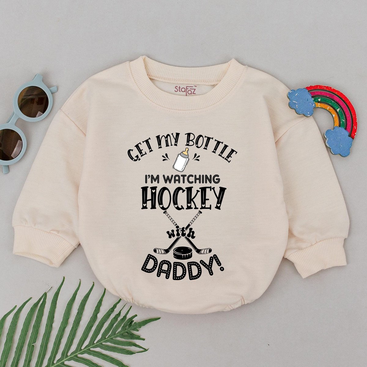 Get My Bottle I'm Watching Hockey With Daddy Romper Retro Future Hockey Player Bodysuit Sport Rompe