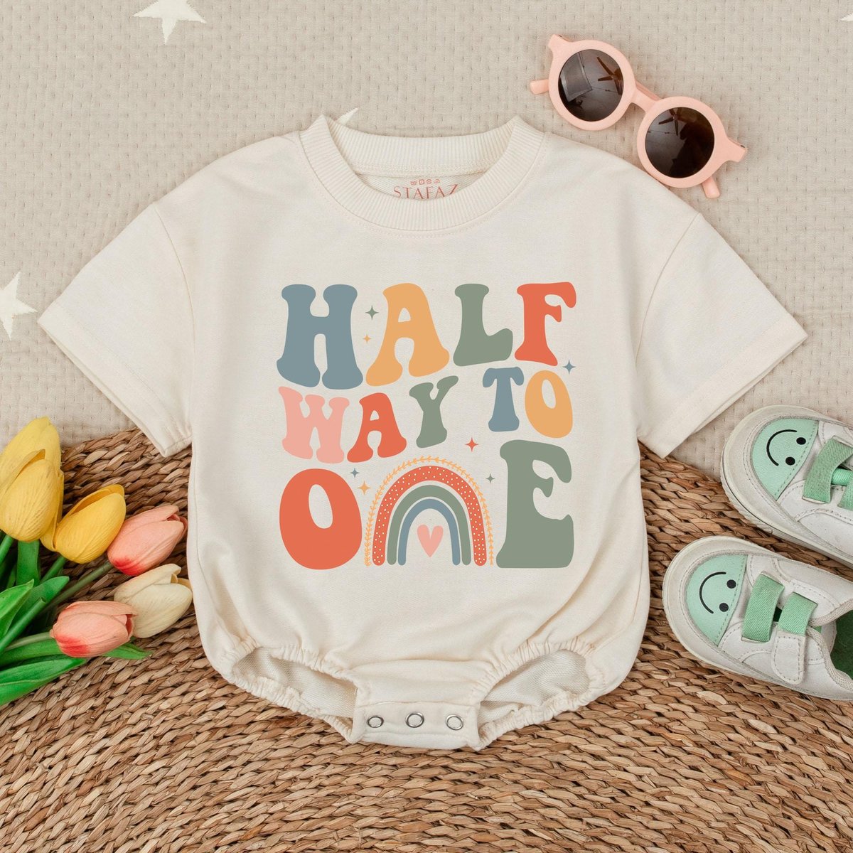 Girl Half Way To One Bubble Romper Half Birthday Outfit Boho 12 Way To One Girl Half Birthday Minima