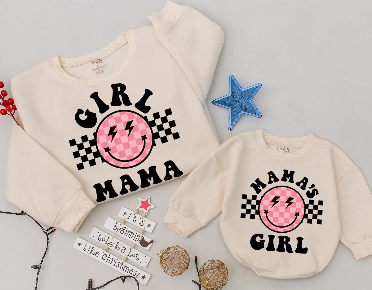 Girl mama and mama's Girl smiley face Sweatshirt Baby romper kids Retro outfit Mama Sweatshirt Gift 182