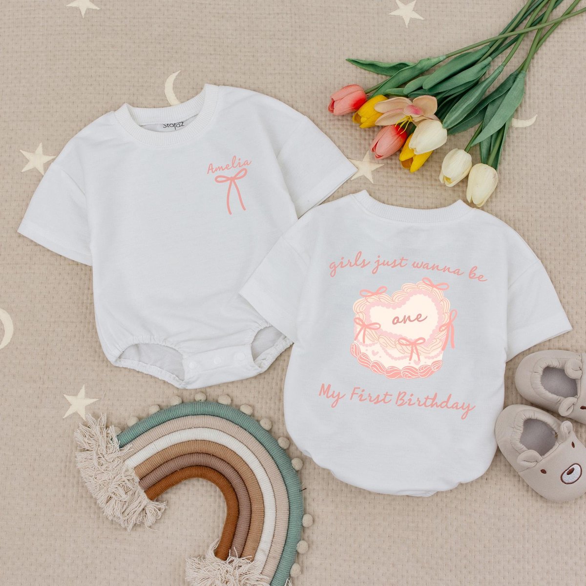 Girls Just Wanna Be One Birthday Baby Romper Cute Pink Bows Babysuit Minimalist Pink Ribbon One Year