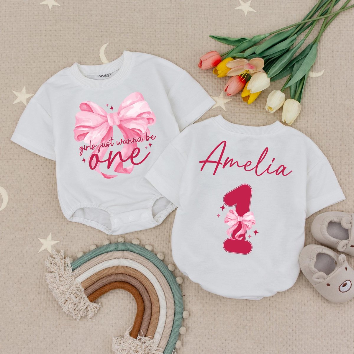 Girls Just Wanna be One Bodysuit for 1st Birthday Girl Cute Pink Bows Baby Romper Minimalist Pink Ri