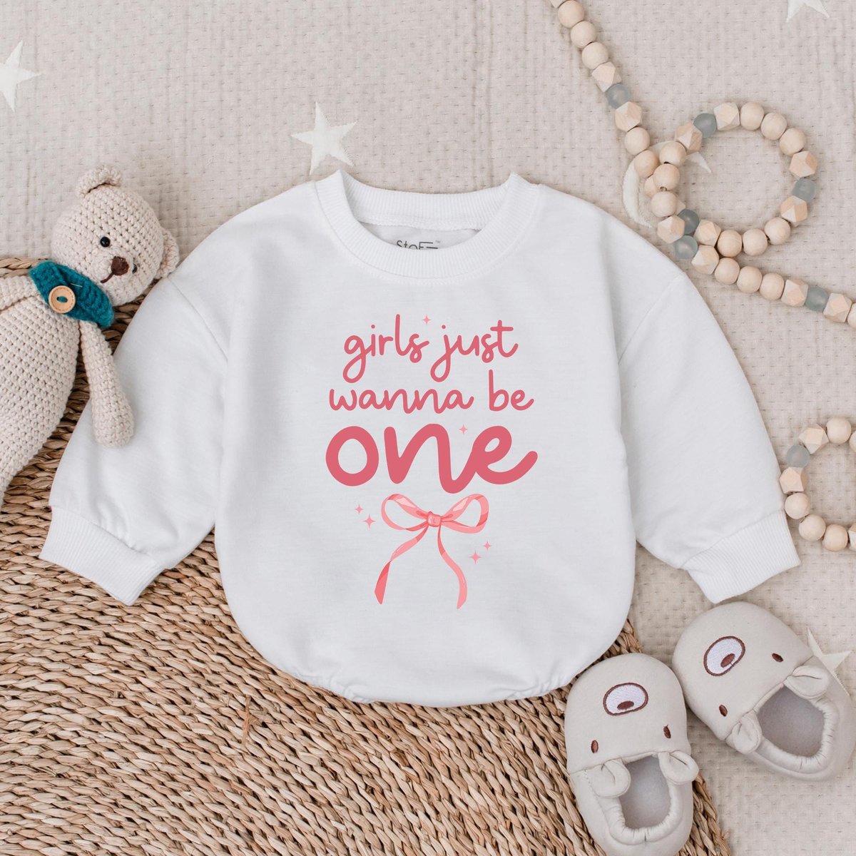 Girls Just Wanna Be One Bubble Romper Bow First Birthday Shirt 1st Birthday Party Pink bow One birth