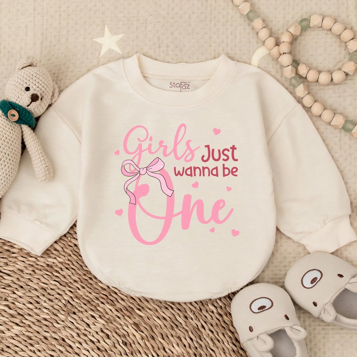 Girls Just Wanna Be One Romper First Birthday Baby Girl Outfit Pink Long Sleeve Bubble Romper Toddle