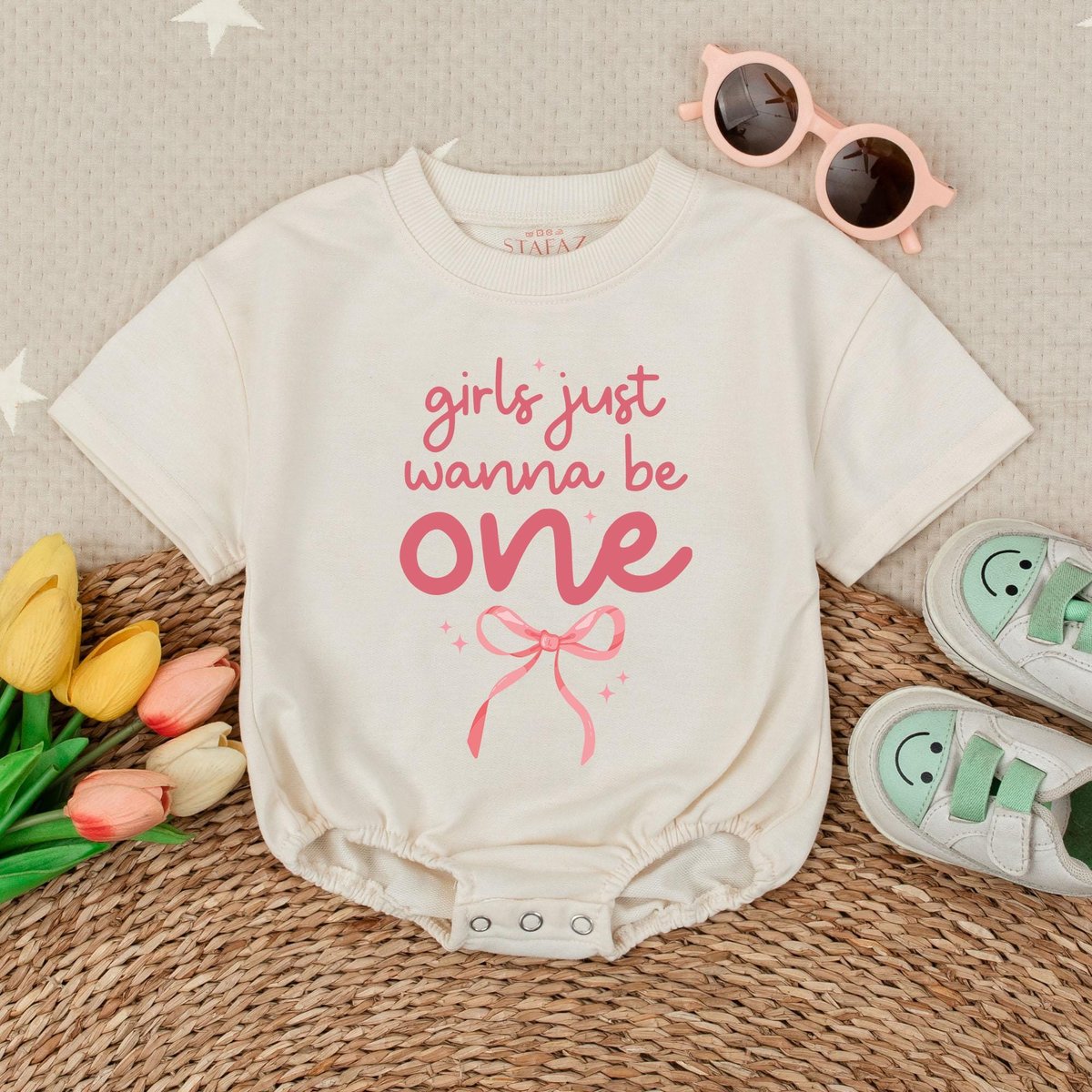 Girls Just Wanna Be One T shirt Bubble Romper Bow First Birthday 1st Birthday PartyPink bow One birt