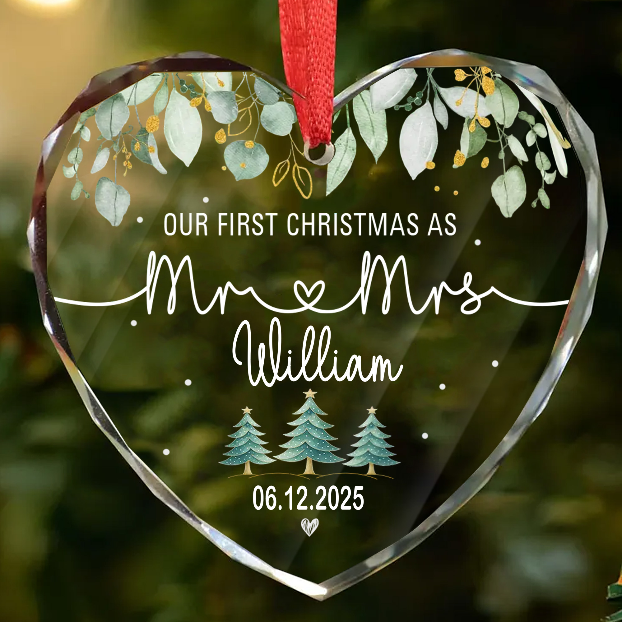 Personalized Mr & Mrs Ornament with Date - Faceted Glass Heart - Our First Christmas Gift for Couples 2025-HGLO-JDOSU