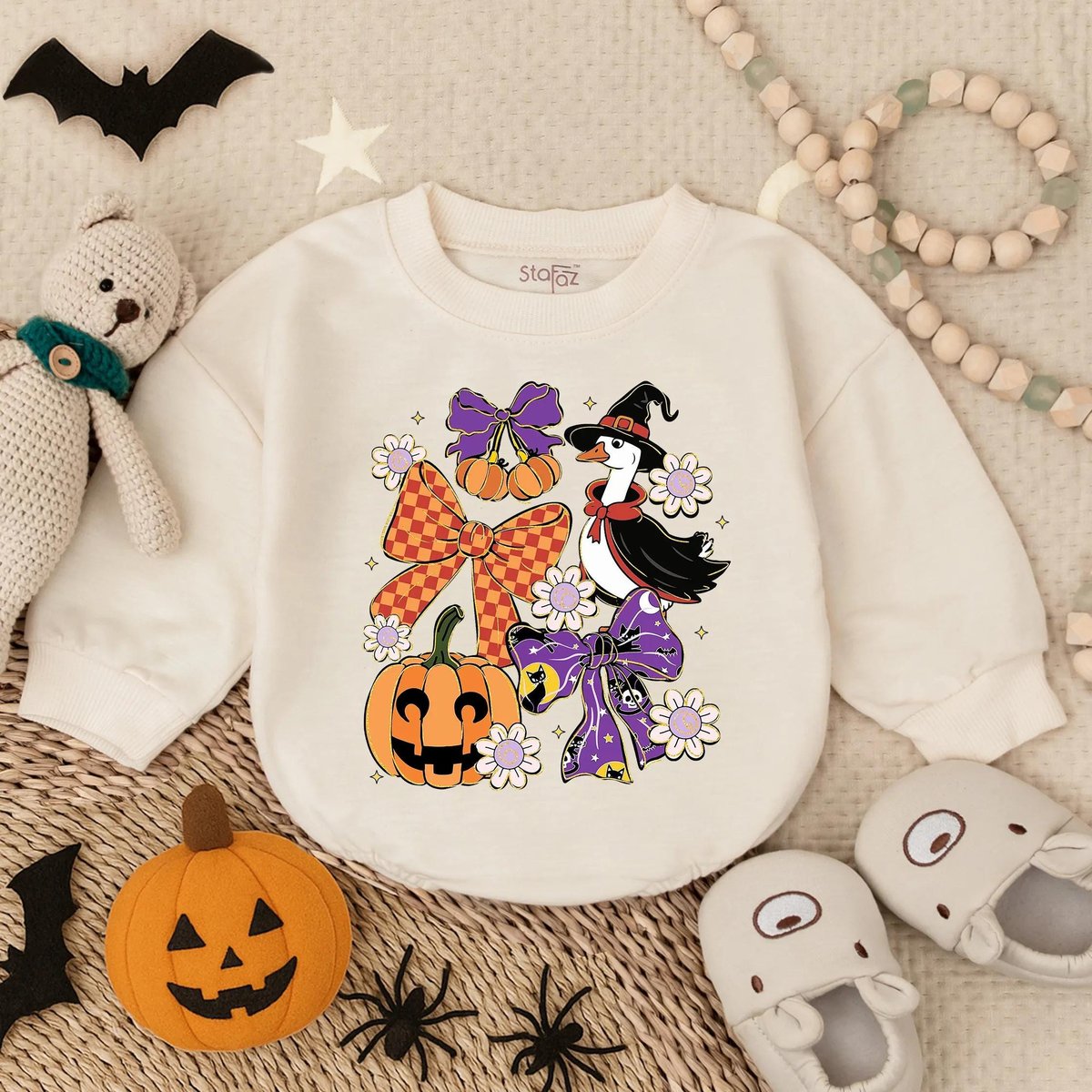 Glitter Spooky Goose Halloween Bubble Romper Cute Baby Girl Fall Outfit Sparkle Pumpkin Costume My F