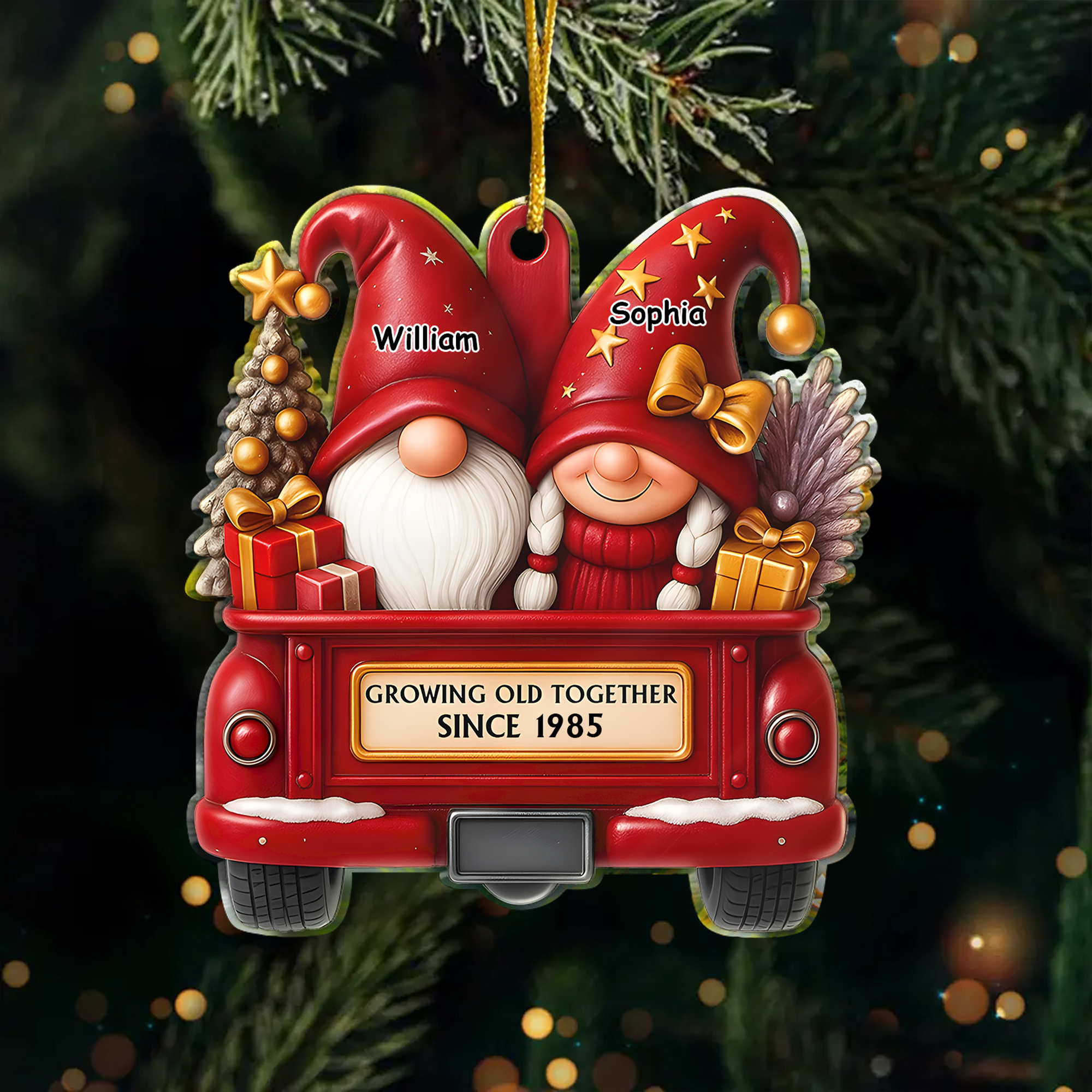 Personalized Gnome Couple Christmas Ornament  Red Truck Acrylic  Anniversary Gift for Husband Wife-ASO-1AEH6