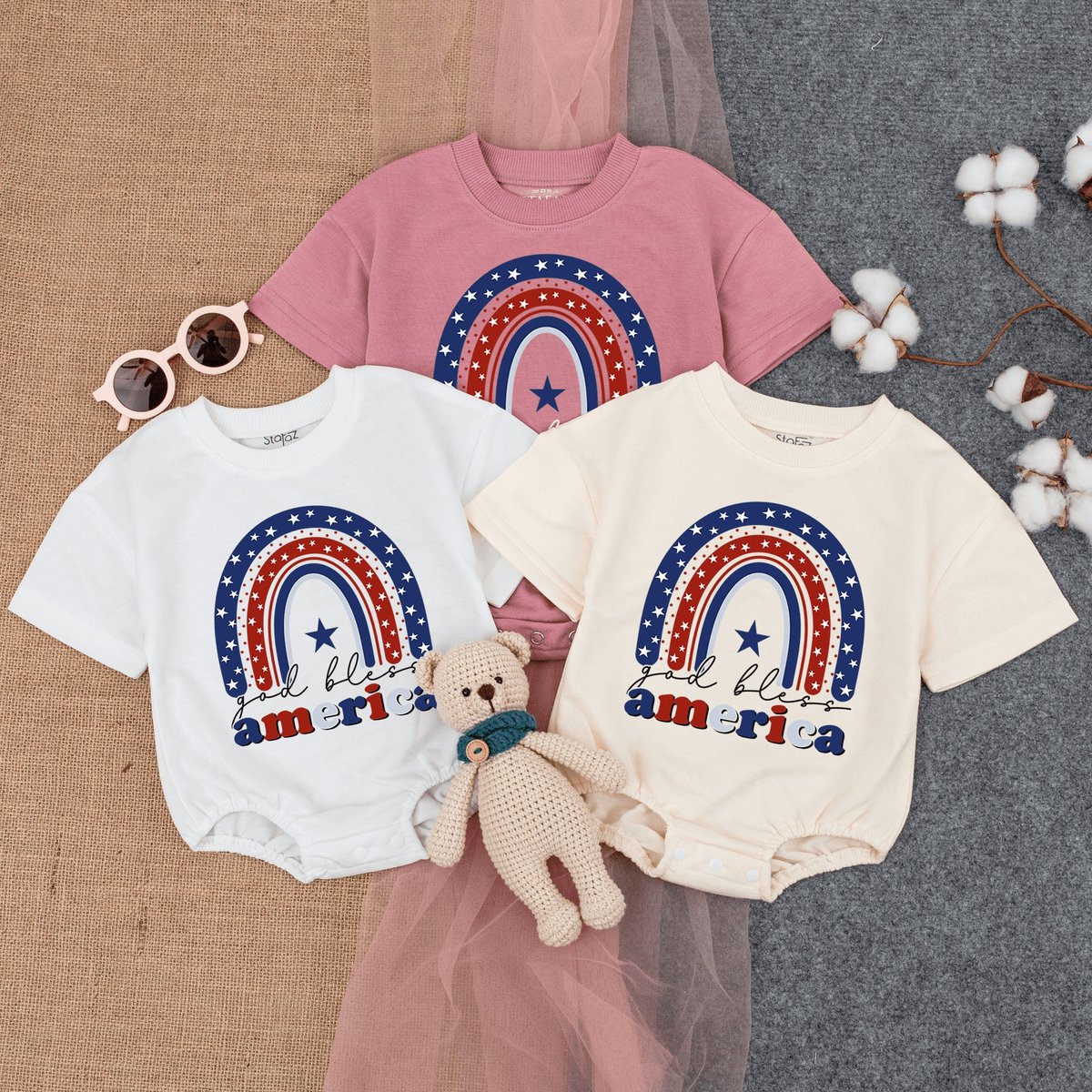 God Bless America Baby Romper Short  Sleeve Retro Patriotic Bodysuit Cute Fourth of July Baby Baby 167