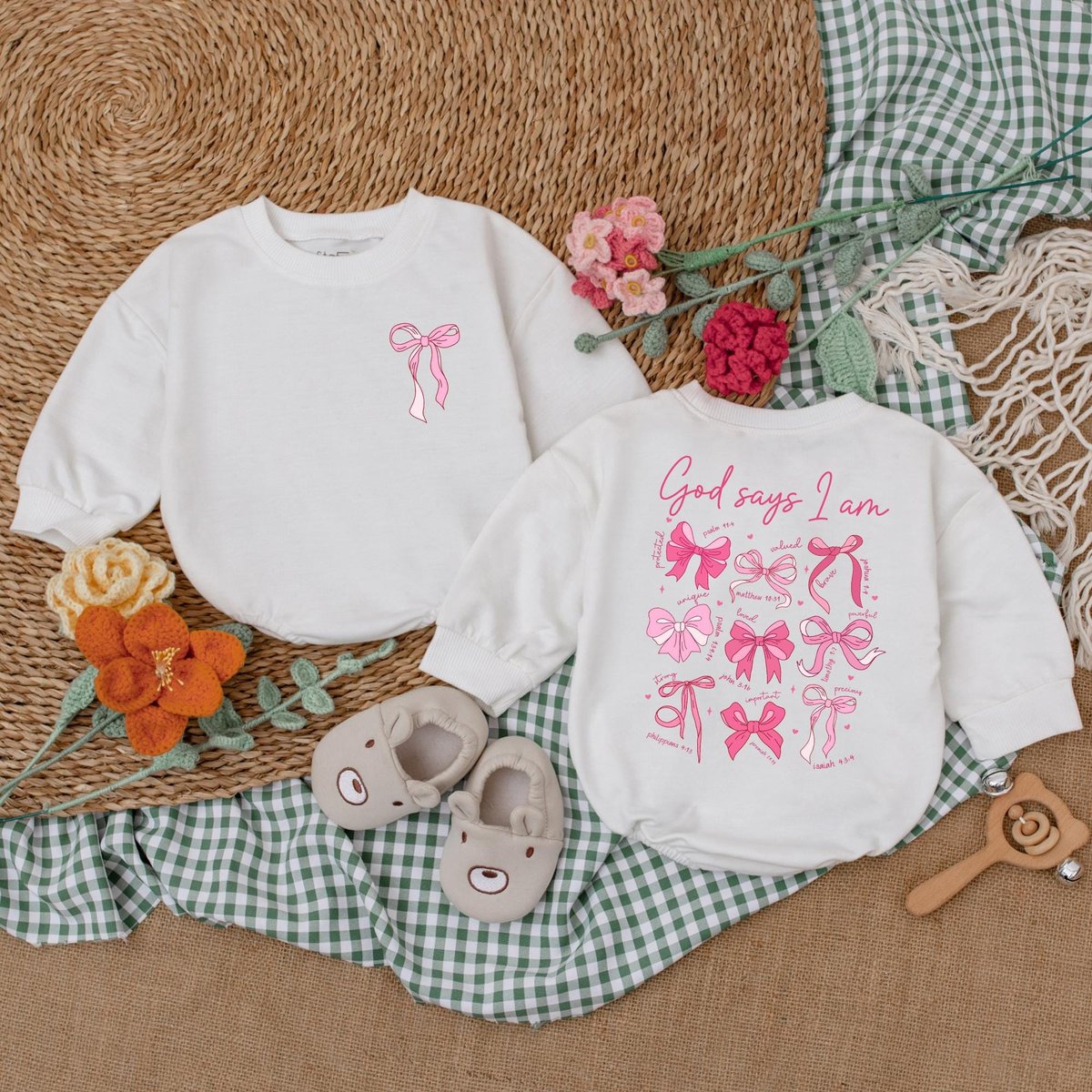 God Says I am Pink Bow Romper Christian Baby Bodysuit Christian Girl Gifts Religious Shirt for Kids 184