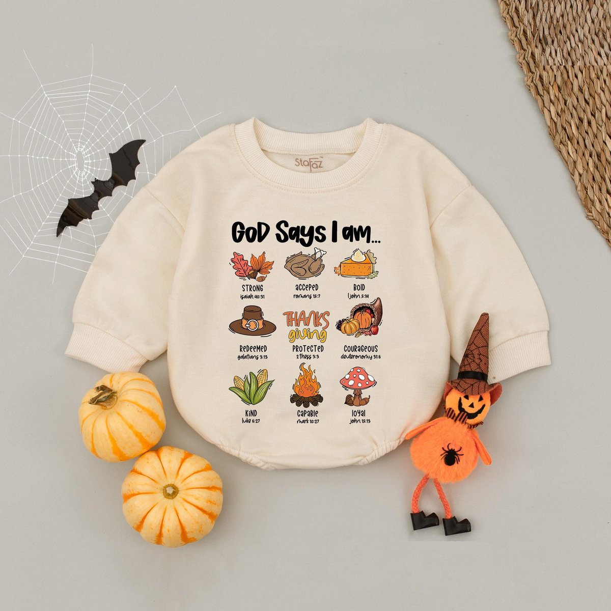 God Says I Am Thanksgiving Baby Romper Little Pumpkin Bodysuit Thanksgiving Bubble Autumn Leaves Fal