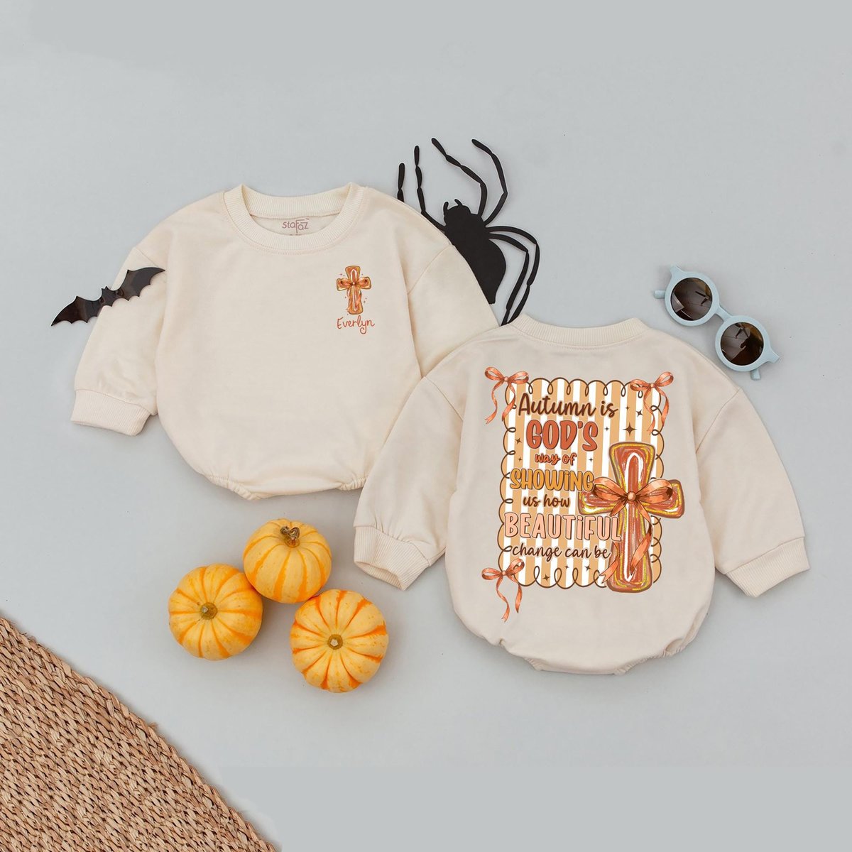God's Way of Showing Us Fall Bubble Romper Autumn Christian with Cross and Bow Christian Faith-Base
