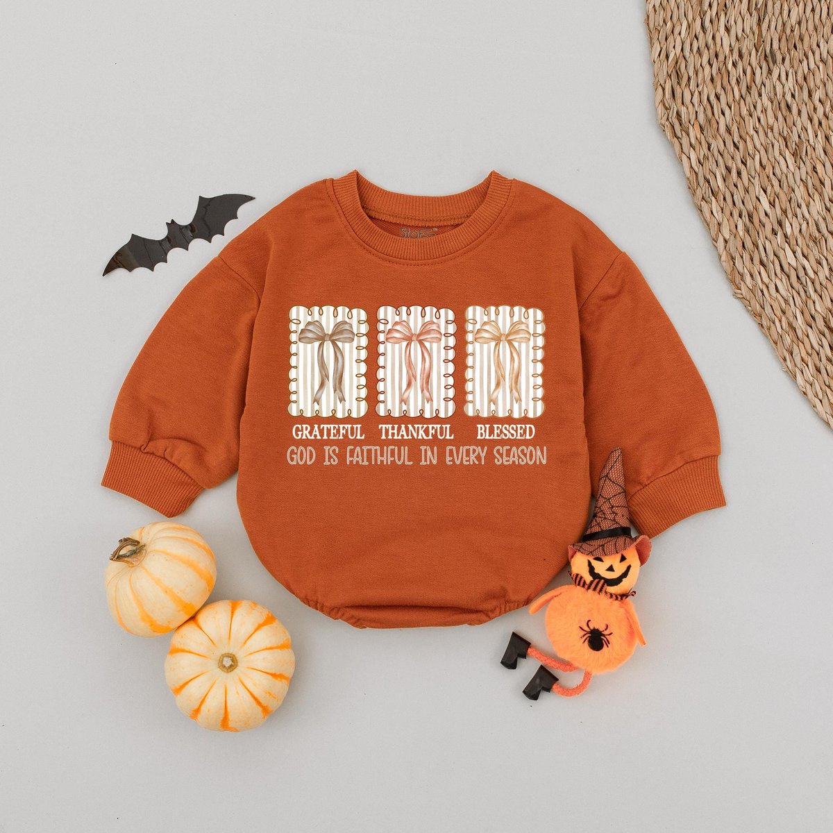 Grateful Thankful Blessed Bubble Romper Bow Fall Season Baby Romper Faith Based Autumn Babysuit Chri