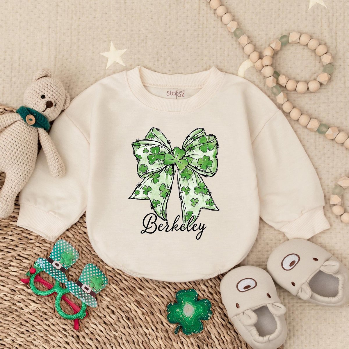 Green Bow St Patrick's Day Bubble Romper Lucky Shamrock St Patrick's Day Bodysuit Clover Baby Outf