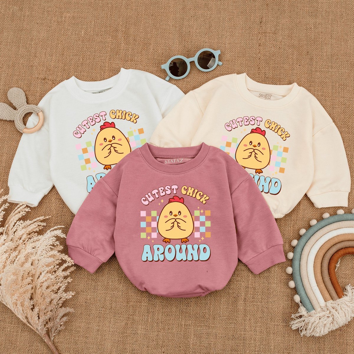 Groovy Chick Around Romper Easter Retro Natural Infant Toddler Youth Tee Easter gifts for kids Rompe 167