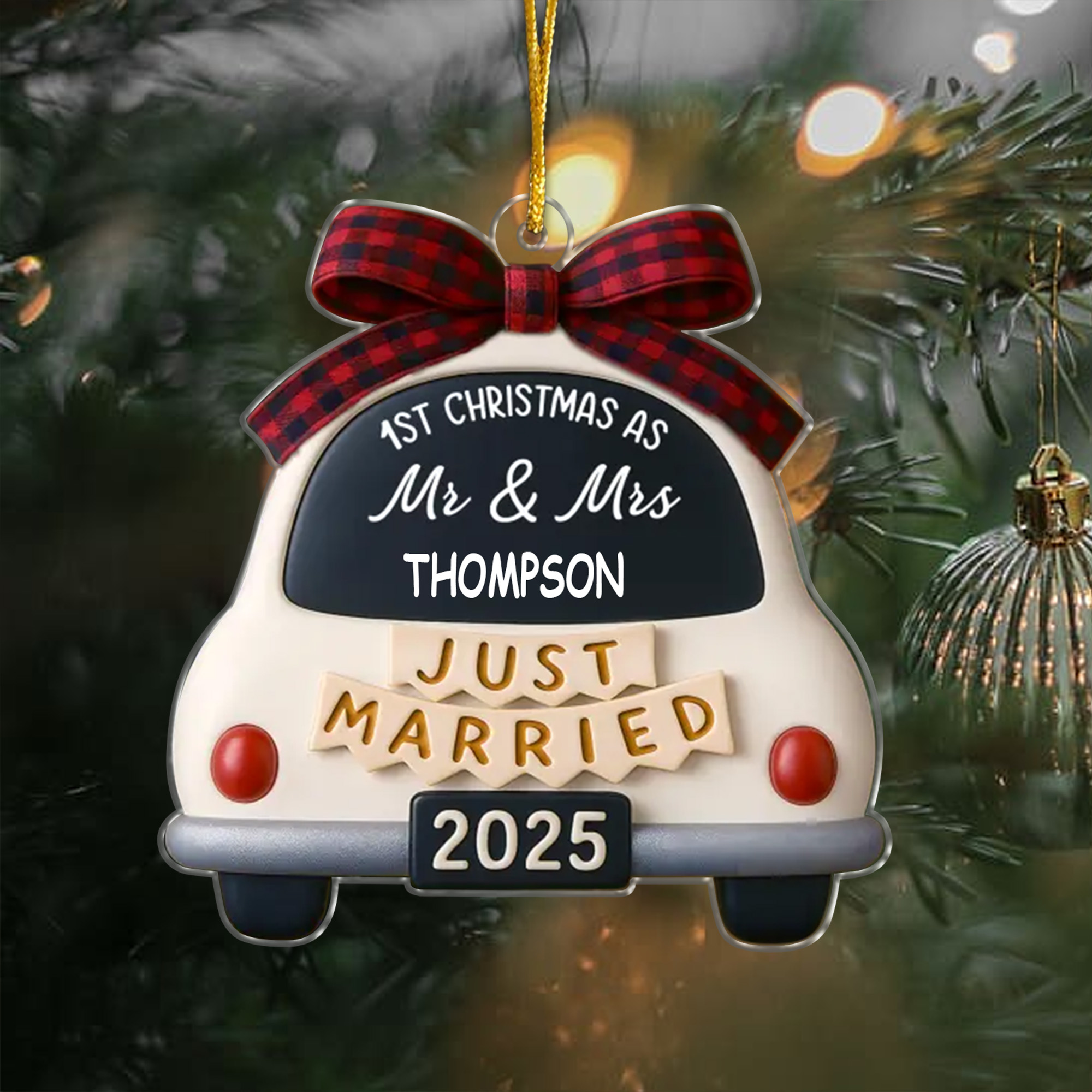 Personalized Just Married Car Ornament  Acrylic with Plaid Bow  First Christmas Gift for Mr  Mrs 2025-ASO-OVIN0