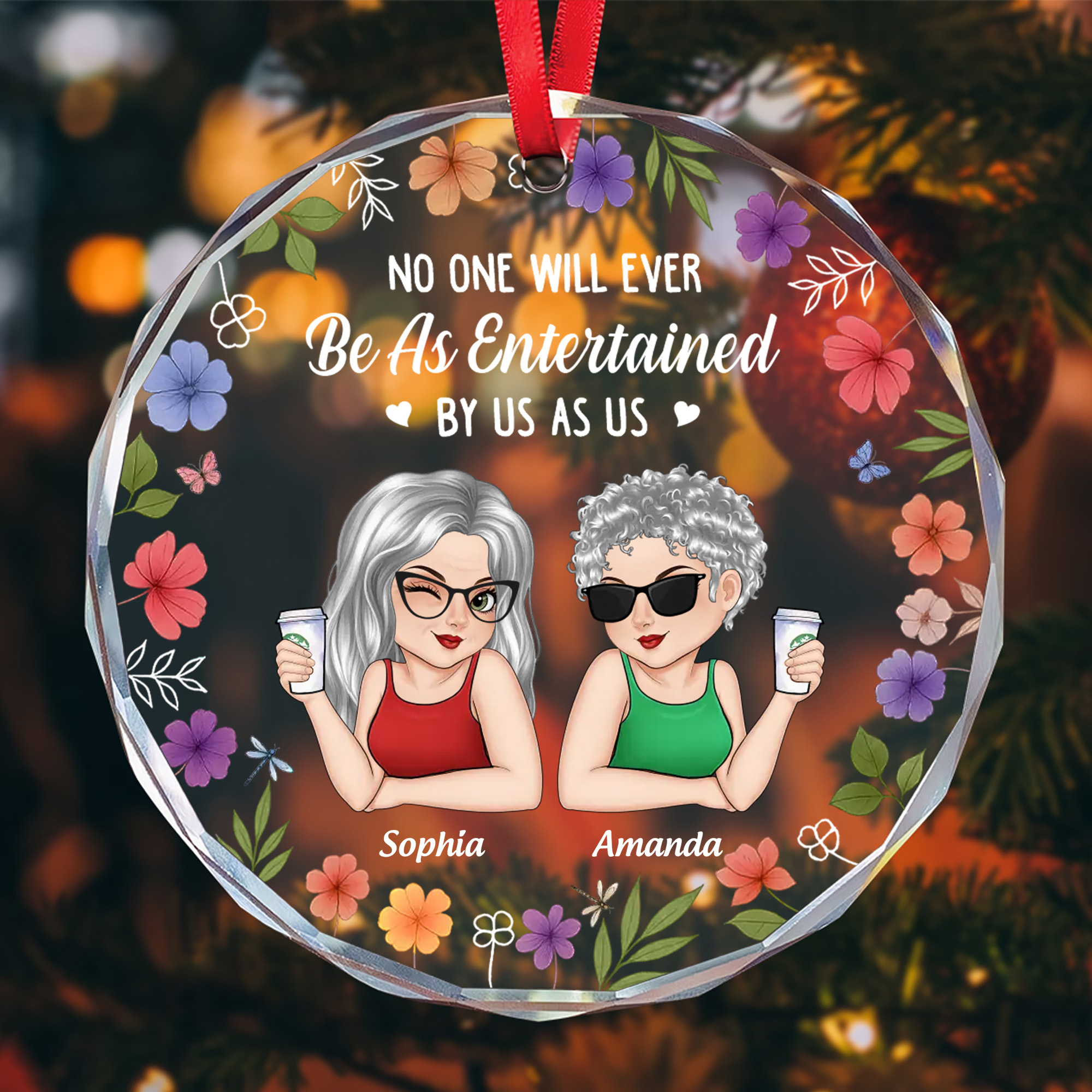 Personalized Best Friends Forever Ornament - Faceted Glass with Flowers - Christmas Gift for Besties 2025-GLO-S25A2