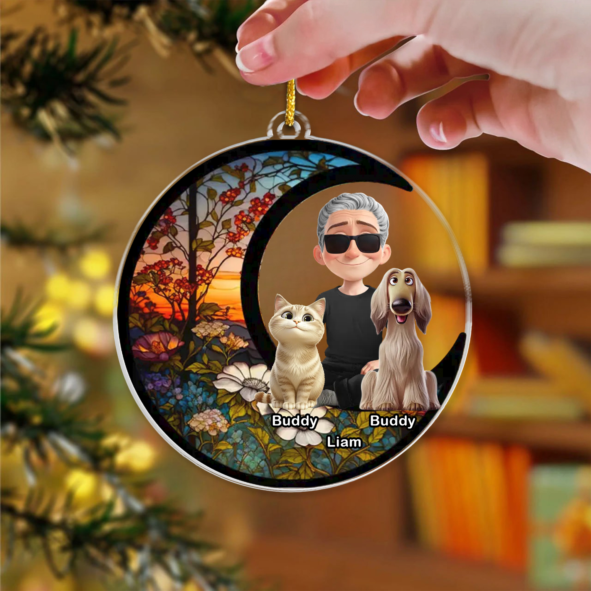 Personalized Man and Pets Christmas Ornament with Names Custom Moon  Stained Glass Effect Keepsake Round Acrylic Style Holiday Gift for Pet Dad Dog  Cat Lover Decoration-ASO-KQDTM