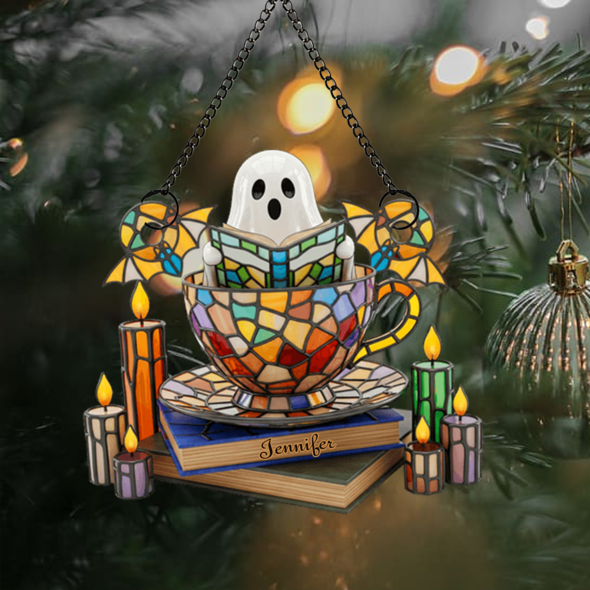 Personalized Ghost in Teacup Ornament  Stained Glass Acrylic  Halloween Gift for Book Lovers  Spooky Fans 2025-ASO-5B0UZ