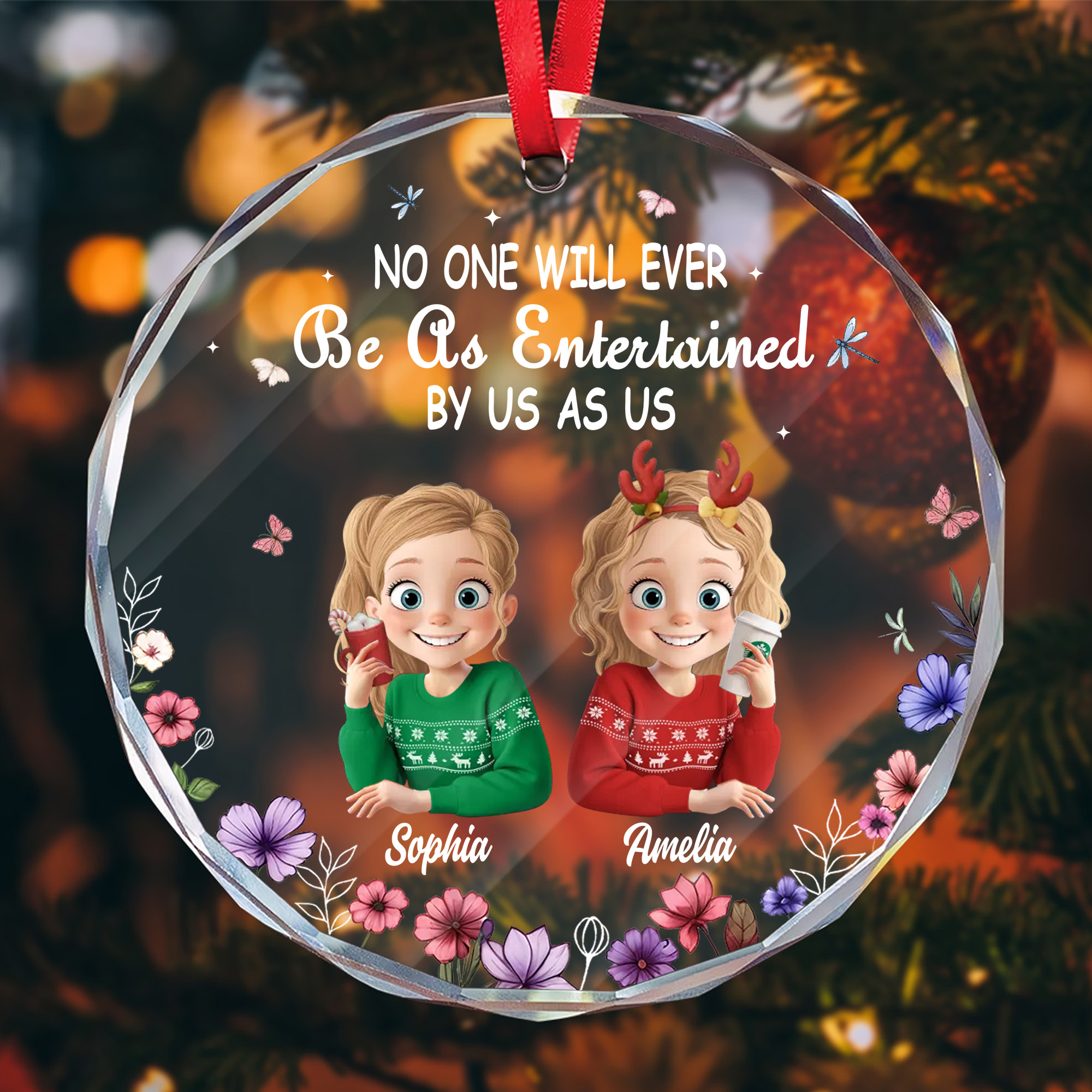 Personalized Funny Best Friends Ornament  Faceted Glass with Flowers  Christmas Gift for Besties 2025-GLO-94RZ7