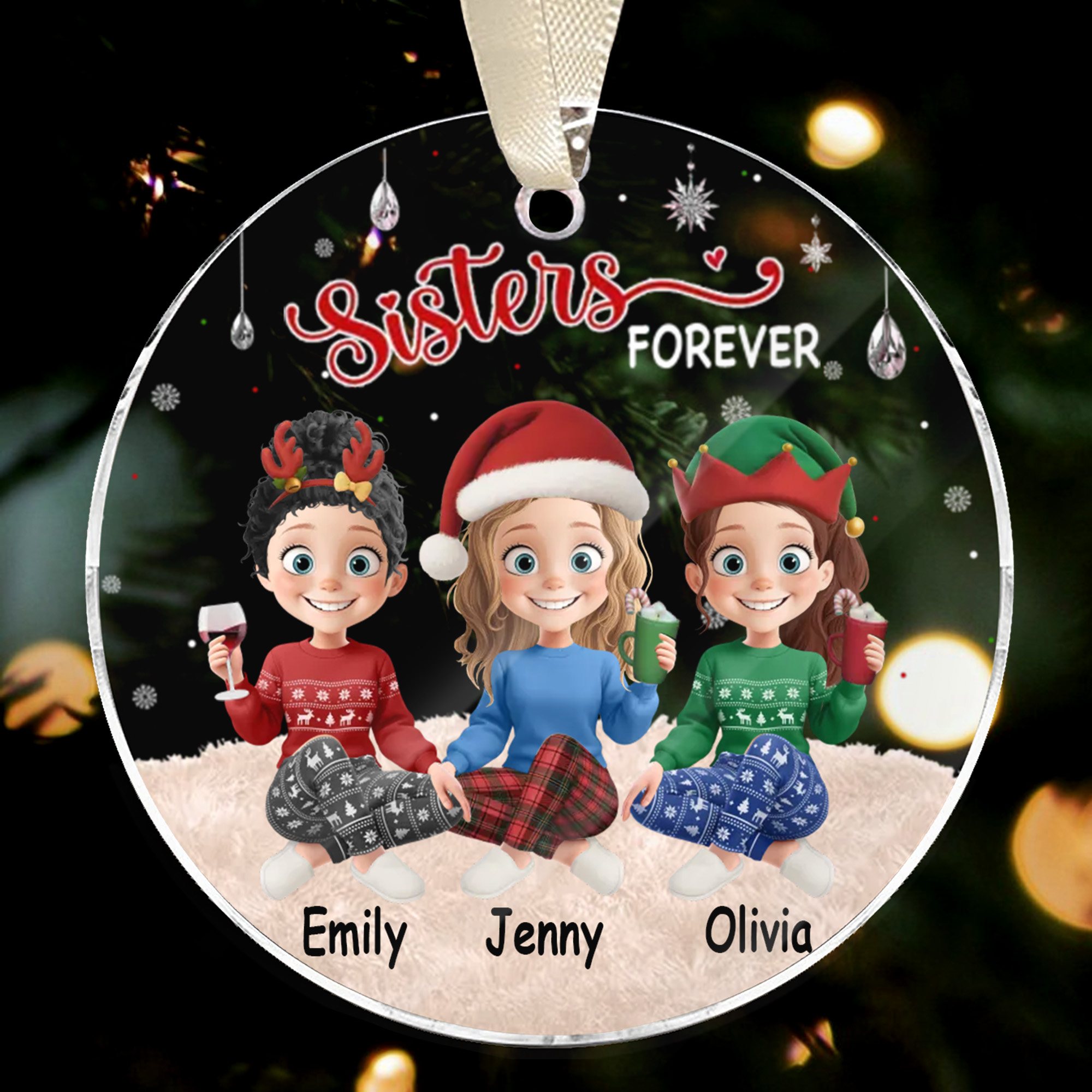 Personalized Sisters Ornament with Names, Sisters Forever Acrylic Keepsake, Christmas Gift for 3 Sisters, Tree Decor-ARO-QPXJ7