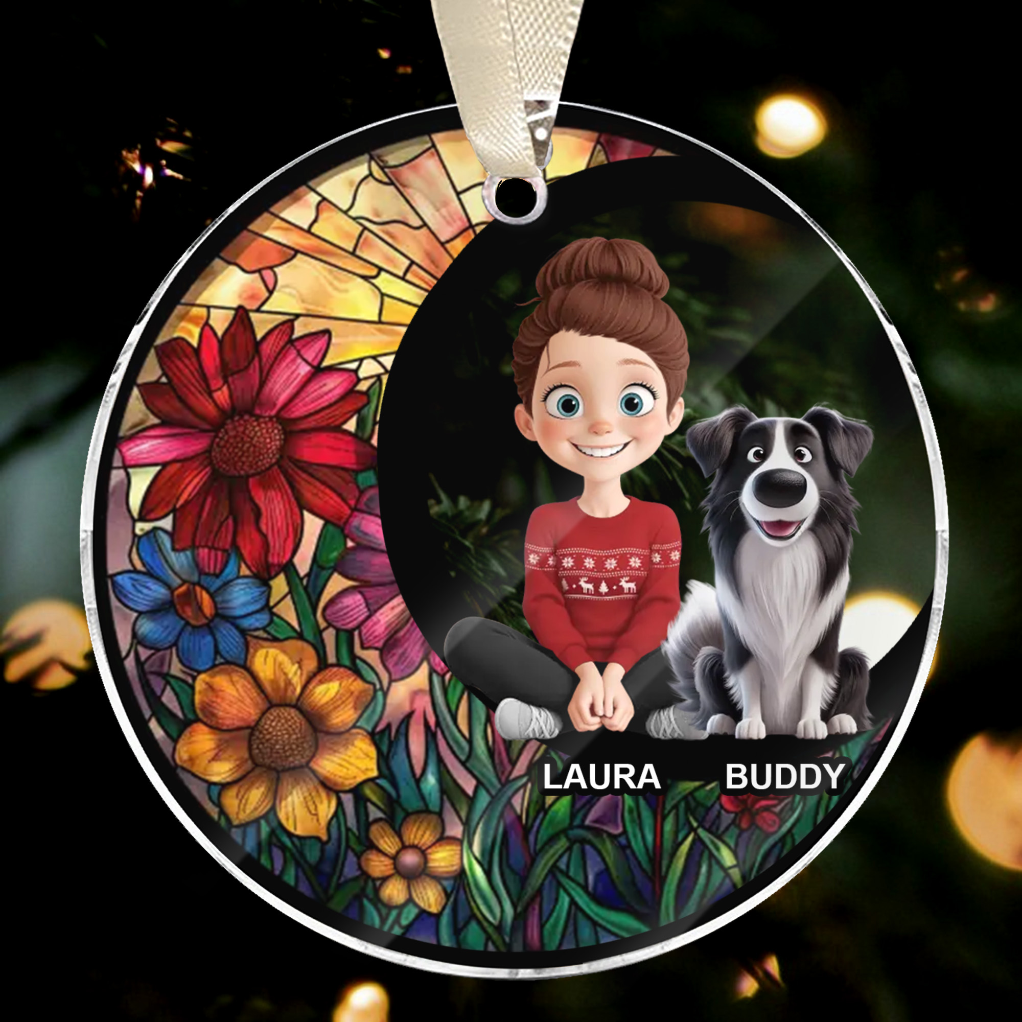 Personalized Woman and Dog Ornament with Names Moon Stained Glass Acrylic Keepsake Christmas Gift for Pet Lovers-ARO-8J5AQ