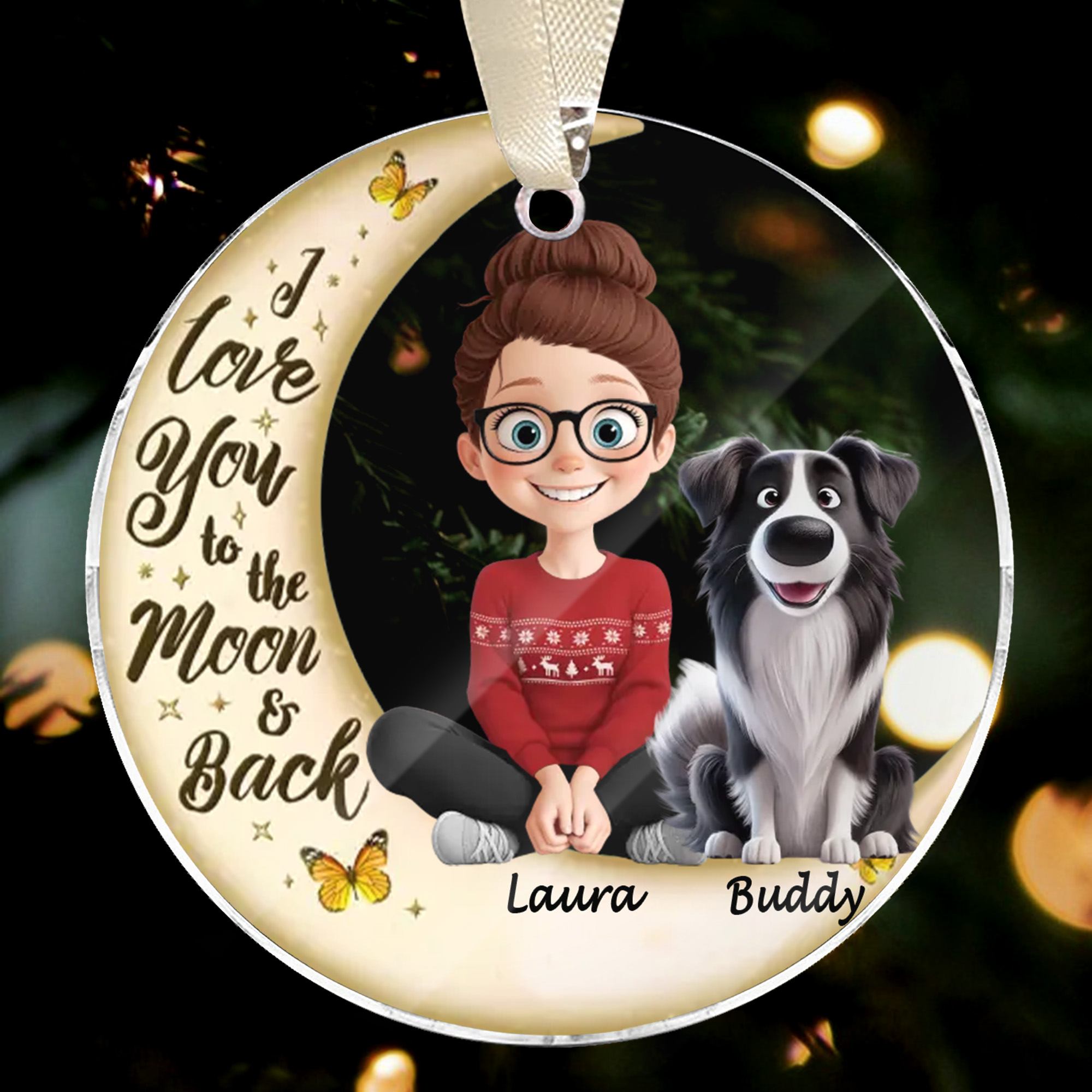 Personalized Moon  Back Woman  Dog Ornament Custom Names Acrylic Keepsake Christmas Gift for Dog Mom-ARO-JQHL6